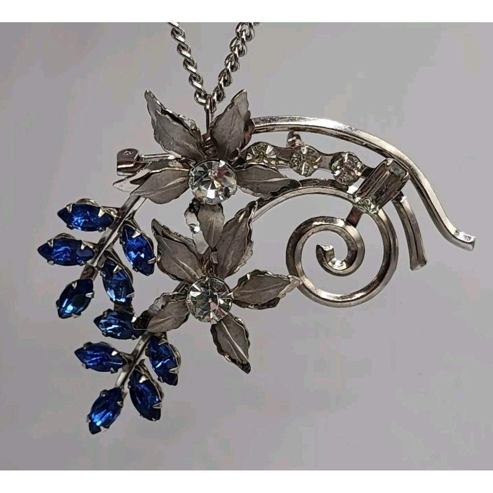 Cobalt Blue Rhinestone Floral Spray Silver Tone Pendant Brooch Retro Statement - Picture 5 of 16
